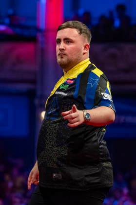 RECORD DATE NOT STATED 25th July 2026, Winter Gardens, Blackpool, Lancashire, England; 2026 Betfred World Matchplay Darts, Day Eight; Luke Littler celebrates hitting another 180 in his semi final match against Dirk van Duijvenbode GodfreyxPitt