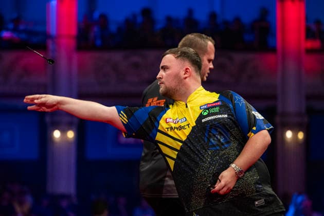 RECORD DATE NOT STATED 25th July 2026, Winter Gardens, Blackpool, Lancashire, England; 2026 Betfred World Matchplay Darts, Day Eight; Luke Littler in action on the oche in his semi final match against Dirk van Duijvenbode GodfreyxPitt