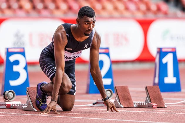 Swiss Athletics Championships, 25.07.2026 ZURICH, SWITZERLAND - JULY 25: Akira Eghagha (CHP Geneve) at the start of the 100 m at Swiss Athletics Championships on July 25, 2026 in Zurich, Switzerland. *** Swiss Athletics Championships, July 25, 2026, Zurich, Switzerland Akira Eghagha of CHP Geneve at the start of the 100-meter race at the Swiss Athletics Championships on July 25, 2026, in Zurich, Switzerland Copyright: xBEAUTIFULxSPORTS UlfxSchillerx