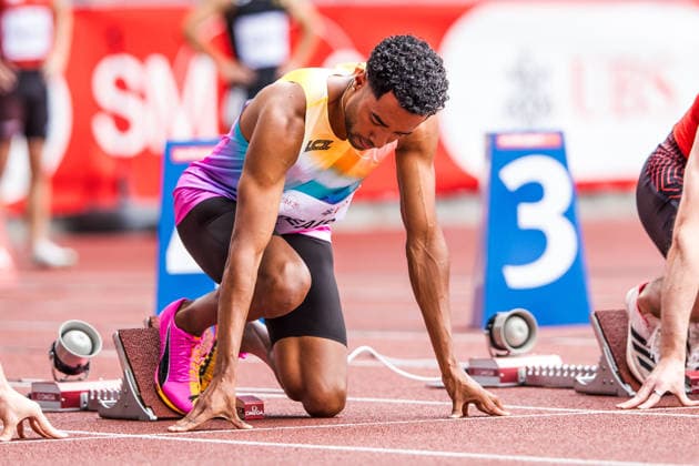 Swiss Athletics Championships, 25.07.2026 ZURICH, SWITZERLAND - JULY 25: William Jeff Reais (LC Zuerich) at the start of the 100 m at Swiss Athletics Championships on July 25, 2026 in Zurich, Switzerland. *** Swiss Athletics Championships, July 25, 2026, Zurich, Switzerland William Jeff Reais of LC Zurich at the start of the 100-meter race at the Swiss Athletics Championships on July 25, 2026, in Zurich, Switzerland Copyright: xBEAUTIFULxSPORTS UlfxSchillerx