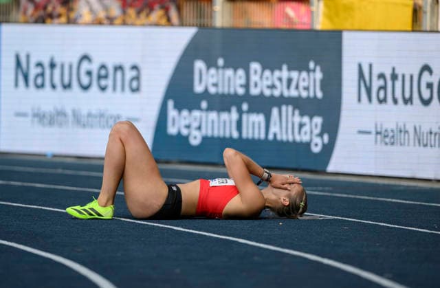 Jubel Siegerin SCHUSTER Franziska. Finale 100m Hürden, am 25.07.2026 Leichtathletik Deutschen Meisterschaften vom 25.07.- 26.07.2026 in Bochum-Wattenscheid Deutschland. Lohrheidestadion *** Celebrating the winner, Franziska SCHUSTER, in the 100-meter hurdles final on July 25, 2026, at the German Track and Field Championships held from July 25 to July 26, 2026, in Bochum-Wattenscheid, Germany, at Lohrheidestadion