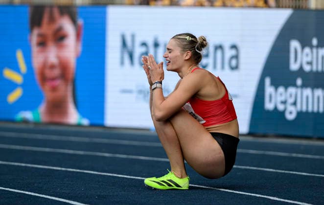 Jubel Siegerin SCHUSTER Franziska. Finale 100m Hürden, am 25.07.2026 Leichtathletik Deutschen Meisterschaften vom 25.07.- 26.07.2026 in Bochum-Wattenscheid Deutschland. Lohrheidestadion *** Celebrating the winner, Franziska SCHUSTER, in the 100-meter hurdles final on July 25, 2026, at the German Track and Field Championships held from July 25 to July 26, 2026, in Bochum-Wattenscheid, Germany, at Lohrheidestadion