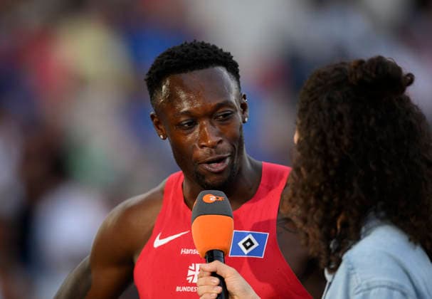 Sieger ANSAH Owen (1.Platz) beim ZDF Interview. Finale 100m der Männer, am 25.07.2026 Leichtathletik Deutschen Meisterschaften vom 25.07.- 26.07.2026 in Bochum-Wattenscheid Deutschland. Lohrheidestadion *** Winner ANSAH Owen, 1st place, in a ZDF interview following the men s 100-meter final on July 25, 2026, at the German Track and Field Championships held from July 25 to July 26, 2026, in Bochum-Wattenscheid, Germany, at Lohrheidestadion