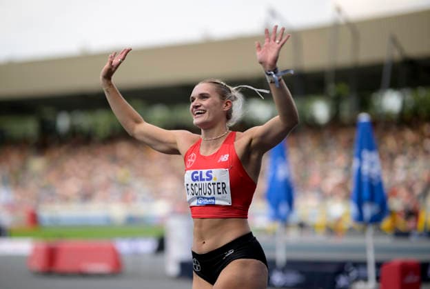 Jubel Siegerin SCHUSTER Franziska. Finale 100m Hürden, am 25.07.2026 Leichtathletik Deutschen Meisterschaften vom 25.07.- 26.07.2026 in Bochum-Wattenscheid Deutschland. Lohrheidestadion *** Celebrating the winner, Franziska SCHUSTER, in the 100-meter hurdles final on July 25, 2026, at the German Track and Field Championships held from July 25 to July 26, 2026, in Bochum-Wattenscheid, Germany, at Lohrheidestadion
