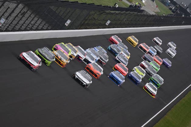 INDIANAPOLIS, IN - JULY 25: Sheldon Creed ( 00 Haas Factory Team Road Ranger Chevrolet) leads the field on the backstretch during the NASCAR, Motorsport, USA OÕReilly Auto Parts Series Pennzoil 250 on July 25, 2026, at Indianapolis Motor Speedway in Indianapolis, Indiana. (Photo by Michael Allio Icon Sportswire) AUTO: JUL 25 NASCAR OÕReilly Auto Parts Series Pennzoil 250 EDITORIAL USE ONLY Icon116260725017250