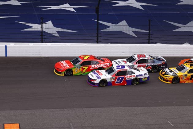 INDIANAPOLIS, IN - JULY 25: Justin Allgaier (7) JR Motorsports (JRM) Chevrolet SS leads Ross Chastain (9) JR Motorsports (JRM) Chevrolet SS into turn one to start the third stage during the NASCAR, Motorsport, USA OÕReilly Auto Parts Series Pennzoil 250 on July 25, 2026 at Indianapolis Motor Speedway in Indianapolis, IN.(Photo by Jeffrey Brown Icon Sportswire) AUTO: JUL 25 NASCAR OÕReilly Auto Parts Series Pennzoil 250 EDITORIAL USE ONLY Icon072526001250