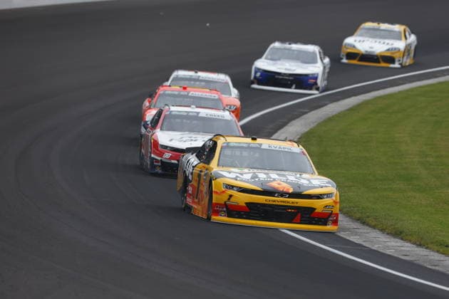 INDIANAPOLIS, IN - JULY 25: Carson Kvapil (1) JR Motorsports (JRM) Chevrolet SS down in turn one during the NASCAR, Motorsport, USA O™Reilly Auto Parts Series Pennzoil 250 on July 25, 2026 at Indianapolis Motor Speedway in Indianapolis, IN.(Photo by Jeffrey Brown Icon Sportswire) AUTO: JUL 25 NASCAR O™Reilly Auto Parts Series Pennzoil 250 EDITORIAL USE ONLY Icon072526010250