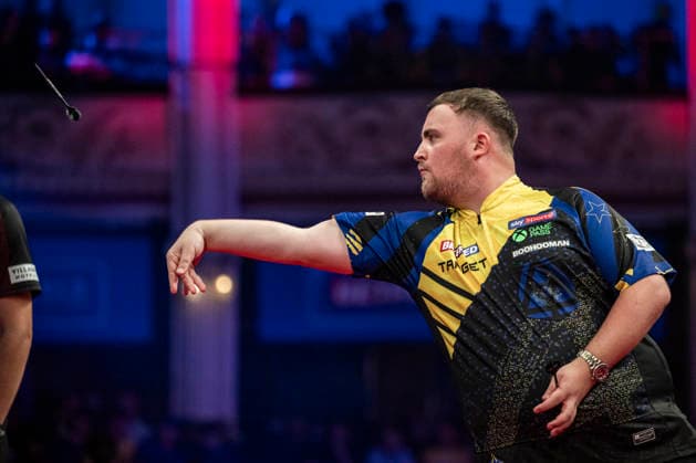 RECORD DATE NOT STATED 25th July 2026, Winter Gardens, Blackpool, Lancashire, England; 2026 Betfred World Matchplay Darts, Day Eight; Luke Littler in action on the oche in his semi final match against Dirk van Duijvenbode GodfreyxPitt