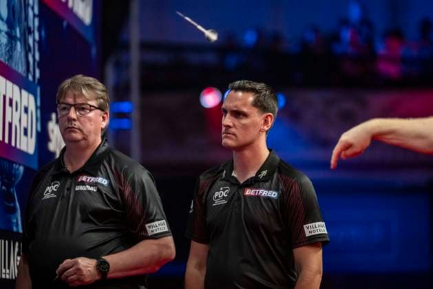 RECORD DATE NOT STATED 25th July 2026, Winter Gardens, Blackpool, Lancashire, England; 2026 Betfred World Matchplay Darts, Day Eight; Referee Charlie Corstorphine watches play closely GodfreyxPitt
