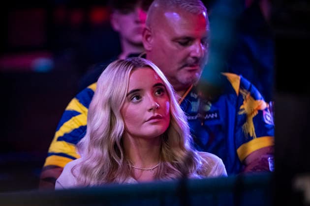 RECORD DATE NOT STATED 25th July 2026, Winter Gardens, Blackpool, Lancashire, England; 2026 Betfred World Matchplay Darts, Day Eight; Luke Littler s girlfriend Faith Millar watches his on the big screen GodfreyxPitt