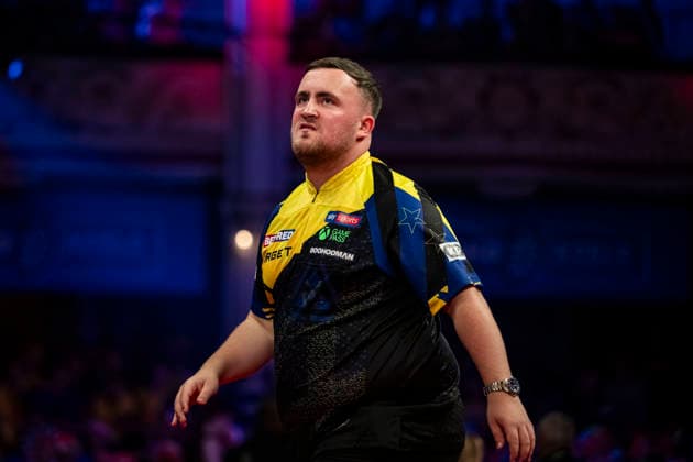 RECORD DATE NOT STATED 25th July 2026, Winter Gardens, Blackpool, Lancashire, England; 2026 Betfred World Matchplay Darts, Day Eight; Luke Littler misses a double in his semi final match against Dirk van Duijvenbode GodfreyxPitt