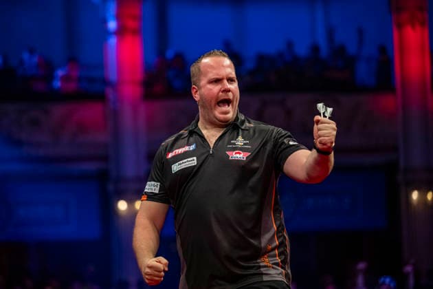 RECORD DATE NOT STATED 25th July 2026, Winter Gardens, Blackpool, Lancashire, England; 2026 Betfred World Matchplay Darts, Day Eight; Dirk van Duijvenbode celebrates winning a leg in his semi final match against Luke Littler GodfreyxPitt