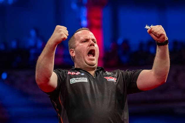RECORD DATE NOT STATED 25th July 2026, Winter Gardens, Blackpool, Lancashire, England; 2026 Betfred World Matchplay Darts, Day Eight; Dirk van Duijvenbode celebrates winning a leg in his semi final match against Luke Littler GodfreyxPitt