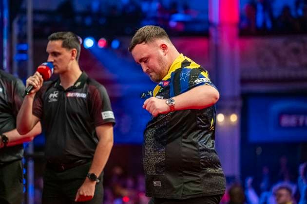 RECORD DATE NOT STATED 25th July 2026, Winter Gardens, Blackpool, Lancashire, England; 2026 Betfred World Matchplay Darts, Day Eight; Luke Littler celebrates winning his semi final match against Dirk van Duijvenbode GodfreyxPitt
