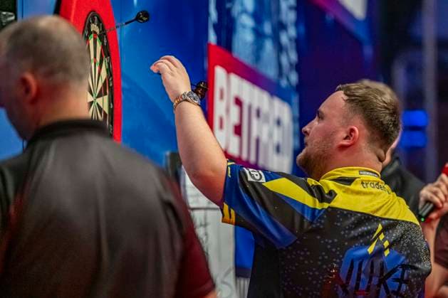 RECORD DATE NOT STATED 25th July 2026, Winter Gardens, Blackpool, Lancashire, England; 2026 Betfred World Matchplay Darts, Day Eight; Luke Littler celebrates winning his semi final match on double top against Dirk van Duijvenbode GodfreyxPitt