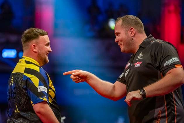 RECORD DATE NOT STATED 25th July 2026, Winter Gardens, Blackpool, Lancashire, England; 2026 Betfred World Matchplay Darts, Day Eight; Dirk van Duijvenbode congratulates Luke Littler on his victory in their semi final match GodfreyxPitt