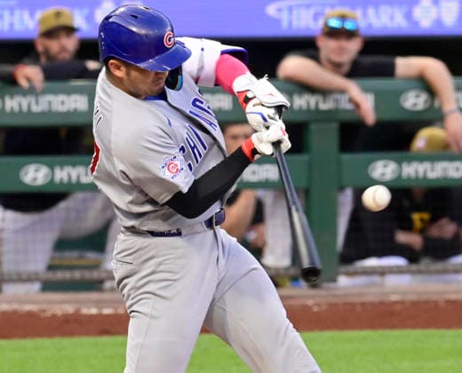 Chicago Cubs right fielder Seiya Suzuki (27) singles to right field scoring two runs in the fifth inning against the Pittsburgh Pirates inning at PNC Park on Saturday, July 25, 2026 in Pittsburgh.  PIT2026072507 ArchiexCarpenter