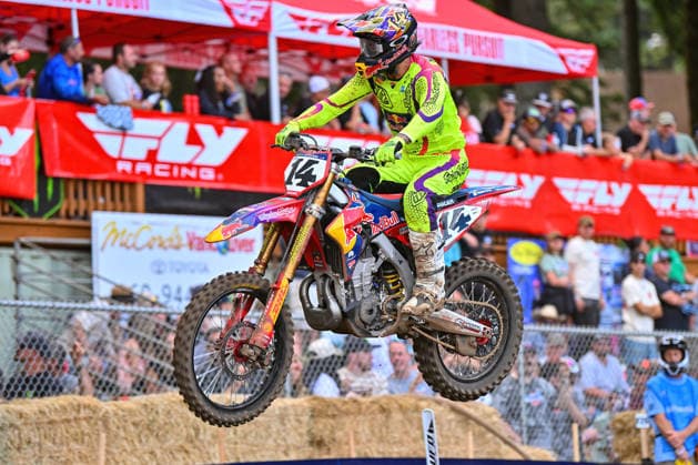 July 25, 2026: Dylan Ferrandis (14) on his way to a fifth place overall on his Troy Lee Designs Red Bull Ducati Factory Racing during Round 25 of the Monster Energy SMX World Championship, WM, Weltmeisterschaft series Pro Motocross 450 second moto at Washougal, WA. Hunter Lawrence won the 450 class overall. CSM Washougal United States - ZUMAc04_ 20260725_zma_c04_283 Copyright: xStevexFaberx