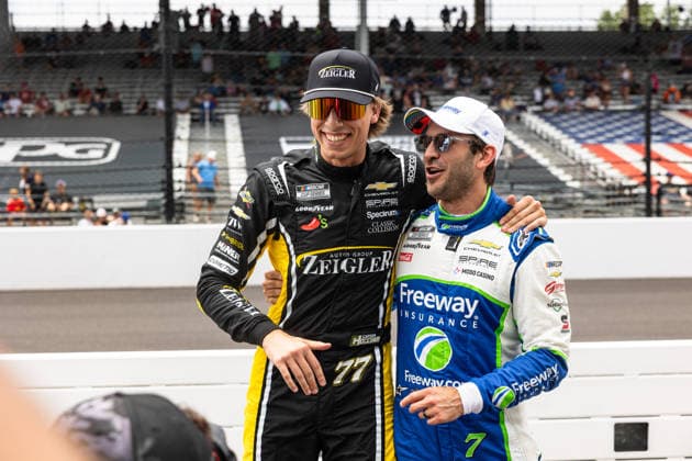 July 25, 2026, Indianapolis, Indiana, USA: CARSON HOCEVAR (77) celebrates with Spire Motorsports teammate DANIEL SUAREZ (7) after the two take the top two positions for the 30th running of the NASCAR, Motorsport, USA Cup Series Brickyard 400. Indianapolis USA - ZUMAs355 20260725_zsp_s355_033 Copyright: xJustinxSickingx