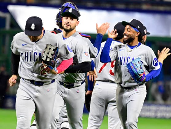 Chicago Cubs celebrates the 11-0 win against the Pittsburgh Pirates at PNC Park on Saturday, July 25, 2026 in Pittsburgh.  PIT2026072524 ArchiexCarpenter