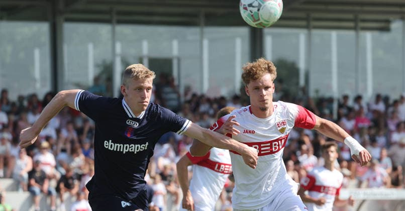 July 25, 2026, Germany, Hollenbach, Bundesliga, 2026–2027 season, exhibition match, friendly match, JAKO exhibition match, FSV Hollenbach vs. VfB Stuttgart, from left: Niklas Breuninger, Holl, Lazar Jovanovic, VfB