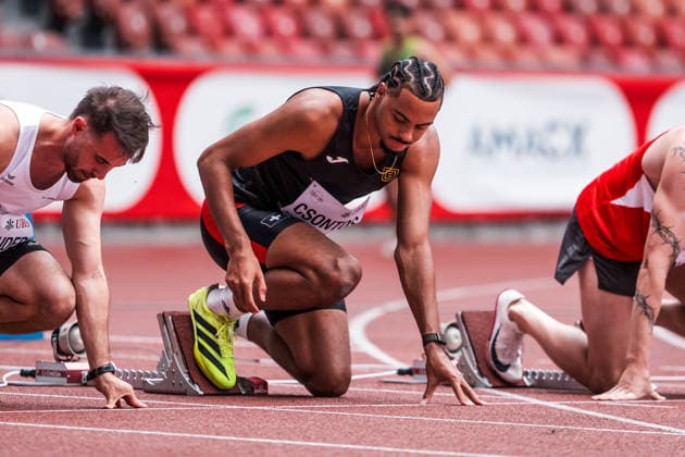 Swiss Athletics Championships, 25.07.2026 ZURICH, SWITZERLAND - JULY 25: Joel Csontos (LAS Old Boys Basel) at the start of the 100 m at the Swiss Athletics Championships on July 25, 2026 in Zurich, Switzerland. *** Swiss Athletics Championships, July 25, 2026, ZURICH, SWITZERLAND Joel Csontos of LAS Old Boys Basel at the start of the 100-meter race at the Swiss Athletics Championships on July 25, 2026, in Zurich, Switzerland Copyright: xBEAUTIFULxSPORTS UlfxSchillerx
