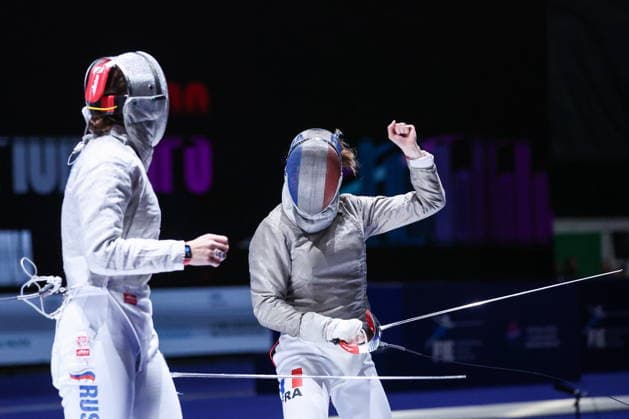 CHINA, HONG KONG - JULY 26, 2026: Russia s Yana Yegoryan (L) and France s Manon Apithy compete in the ladies individual sabre event at the 2026 Kerry Fencing World Championships. Mikhail Sinitsyn TASS  95477275