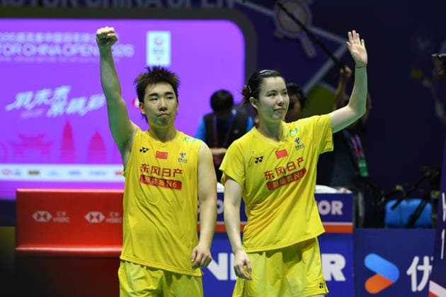 CHANGZHOU, CHINA - JULY 26: Guo Xinwa and Chen Fanghui of China react in the Mixed Doubles Final match against Feng Yanzhe and Huang Dongping of China on day 6 of the China Open 2026 at Changzhou Olympic Sports Center Gymnasium on July 26, 2026 in Changzhou, Jiangsu Province of China.  Copyright: xVCGx 111656483106