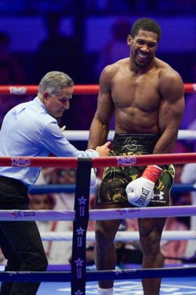 JEDDAH, SAUDI ARABIA - JULY 25: Anthony Joshua smiles after knocking out Kristian Prenga (not pictured) for victory of the Heavyweight contest fight between Anthony Joshua and Kristian Prenga in the Anthony Joshua v Kristian Prenga: The Comeback fight night at Jeddah Superdome on July 25, 2026 in Jeddah, Saudi Arabia.  Copyright: xKhalidxAlhaj MBxMediax