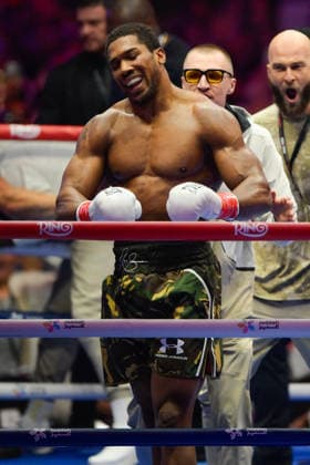 JEDDAH, SAUDI ARABIA - JULY 25: Anthony Joshua reacts after knocking out Kristian Prenga (not pictured) during the Heavyweight contest fight between Anthony Joshua and Kristian Prenga in the Anthony Joshua v Kristian Prenga: The Comeback fight night at Jeddah Superdome on July 25, 2026 in Jeddah, Saudi Arabia.  Copyright: xKhalidxAlhaj MBxMediax