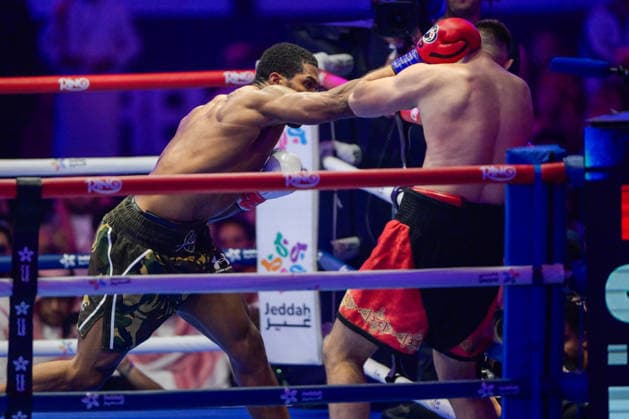 JEDDAH, SAUDI ARABIA - JULY 25: Anthony Joshua delivers the final knockout punch to Kristian Prenga (red, black and gold shorts) during the Heavyweight contest fight between Anthony Joshua and Kristian Prenga in the Anthony Joshua v Kristian Prenga: The Comeback fight night at Jeddah Superdome on July 25, 2026 in Jeddah, Saudi Arabia.  Copyright: xKhalidxAlhaj MBxMediax