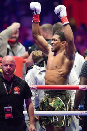 JEDDAH, SAUDI ARABIA - JULY 25: Anthony Joshua celebrates after knocking out Kristian Prenga (not pictured) during the Heavyweight contest fight between Anthony Joshua and Kristian Prenga in the Anthony Joshua v Kristian Prenga: The Comeback fight night at Jeddah Superdome on July 25, 2026 in Jeddah, Saudi Arabia.  Copyright: xKhalidxAlhaj MBxMediax