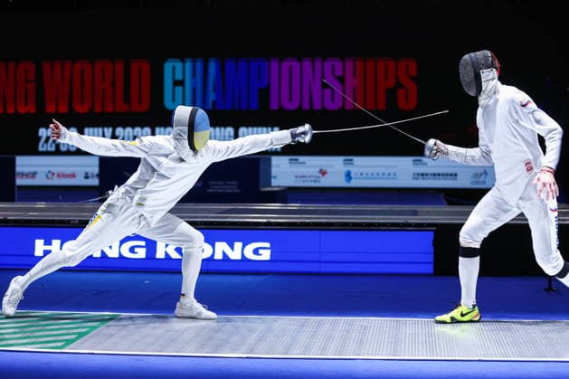 CHINA, HONG KONG - JULY 26, 2026: Ukraine s Roman Svichkar (L) and Russia s Dmitry Shvelidze compete in the men s individual epee event at the 2026 Kerry Fencing World Championships 2026 Fencing World Championships In Hong Kong  - ZUMAt113 20260726_zaa_t113_050 Copyright: xMikhailxSinitsynx