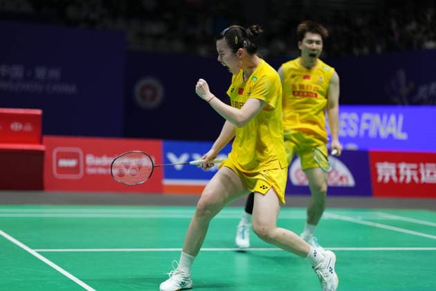 (260726) -- CHANGZHOU, July 26, 2026 -- Guo Xinwa Chen Fanghui (front) celebrate scoring during the mixed doubles final match between Feng Yanzhe Huang Dongping and Guo Xinwa Chen Fanghui of China at the 2026 China Open badminton tournament in Changzhou, east China s Jiangsu Province, July 26, 2026. ) (SP)CHINA-CHANGZHOU-BADMINTON-CHINA OPEN-MIXED DOUBLES-FINAL (CN) SunxFei 