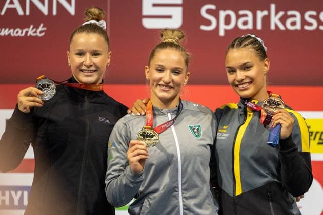 DM Finals 2026; Gerätfinals Frauen Boden***Die Medailliengewinnerinnen von links nach rechts: Silja Stöhr, Karina Schönmaier und Jessica Schlegel *** 2026 DM Finals Women s Apparatus Finals – Floor Exercise***The medalists, from left to right: Silja Stöhr, Karina Schönmaier, and Jessica Schlegel Copyright: xUdoxHerrmannx