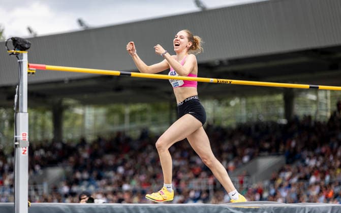 Deutsche Leichtathletik-Meisterschaften; Bochum-Wattenscheid, 26.07.2026 Dorothea Gantert (SpVg Laatzen) wird Deutsche Meisterin im Hochsprung der Frauen; Deutsche Leichtathletik-Meisterschaften am 26.07.2026 im Lohrheidestadion in Bochum-Wattenscheid (Nordrhein-Westfalen). *** German Track and Field Championships, Bochum-Wattenscheid, July 26, 2026: Dorothea Gantert of SpVg Laatzen becomes the German champion in the women’s high jump at the German Track and Field Championships on July 26, 2026, at the Lohrheidestadion in Bochum-Wattenscheid, North Rhine-Westphalia Copyright: xBEAUTIFULxSPORTS R.xSchmittx