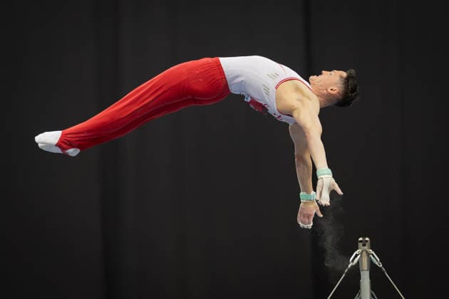 Deutsche Meisterschaften im Gerätturnen 2026, Gerätfinals Andreas Toba (Turn-Klubb zu Hannover) bei seiner Übung im Gerätfinale am Reck. Deutsche Meisterschaften im Gerätturnen, Gerätfinals, am 26. Juli 2026 in der ZAG-Arena in Hannover., Hannover Niedersachsen Deutschland ZAG Arena *** 2026 German Artistic Gymnastics Championships, Apparatus Finals: Andreas Toba of Turn Klubb zu Hannover performing his routine in the high bar final at the German Artistic Gymnastics Championships, Apparatus Finals, on July 26, 2026, at the ZAG Arena in Hanover, Hanover, Lower Saxony, Germany; ZAG Arena