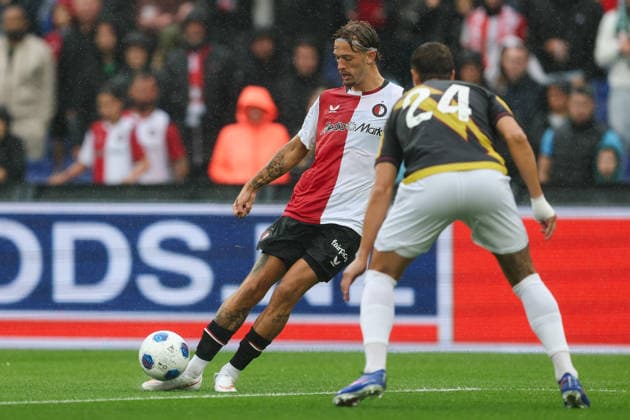 2026-07-26 Feyenoord v Rayo Vallecano - Pre Season Friendly ROTTERDAM, NETHERLANDS - JULY 26: Luciano Valente of Feyenoord is challenged by Florian Lejeune of Rayo Vallecano during the Pre Season Friendly match between Feyenoord and Rayo Vallecano at Stadion Feijenoord on July 26, 2026 in Rotterdam, Netherlands. Rotterdam Stadion Feijenoord Netherlands Content not available for redistribution in The Netherlands directly or indirectly through any third parties. Copyright: xHansxvanxderxValkx