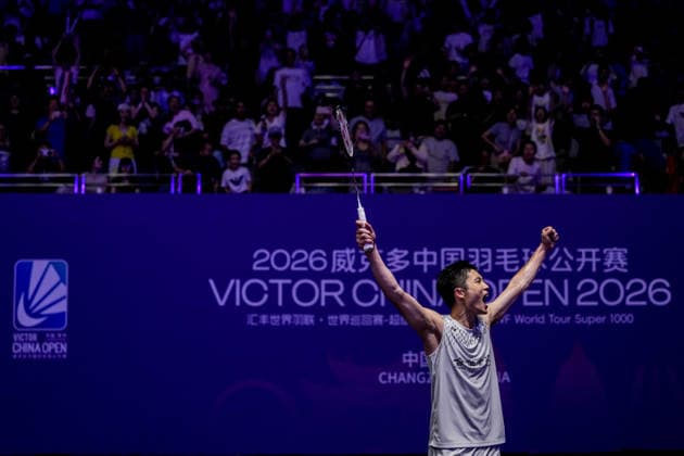 (260726) -- CHANGZHOU, July 26, 2026 -- Chou Tien Chen celebrates after winning the men s singles final match between Chou Tien Chen of Chinese Taipei and Toma Junior Popov of France at the China Open 2026 badminton tournament in Changzhou, east China s Jiangsu Province, July 26, 2026. ) (SP)CHINA-CHANGZHOU-BADMINTON-CHINA OPEN-MEN S SINGLES-FINAL(CN) LixBo 