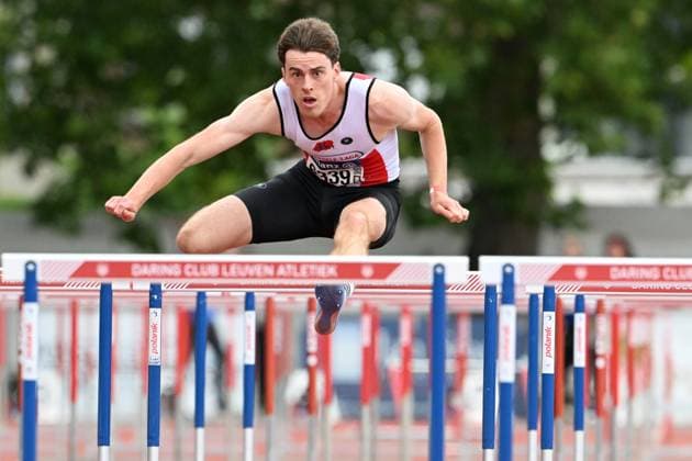 Belgian Nathan Boone pictured during the 110m hurdles race, at the Belgian athletics championships, Sunday 26 July 2026 in Kessel-Lo, Leuven. JILLxDELSAUX  x182083128x