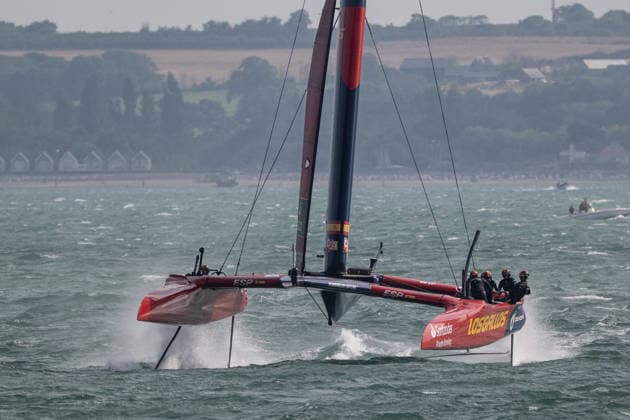 Spain lead by driver Diego Botin and wing trimmer Florian Trittel during the Emirates GB SailGP at The Solent, Portsmouth, UK on 25 July 2026. Copyright: xPhilxHutchinsonx 45300042
