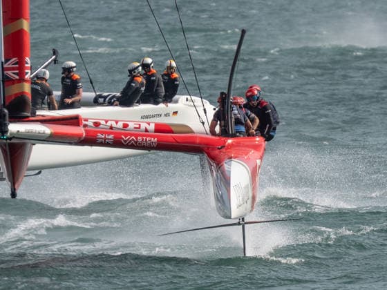 Emirates Great Britain driven by Olympic gold medallist, and America s Cup Helm, Dylan Fletcher. Lead out Germany SailGP Team presented by Deutsche Bank Led by two-time Olympic medalist Erik Kosegarten-Heil out of the final mark during the Emirates GB SailGP at The Solent, Portsmouth, UK on 25 July 2026. Copyright: xPhilxHutchinsonx 45300051