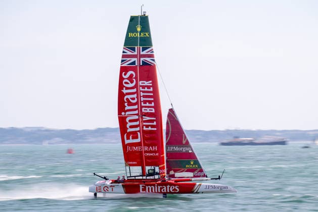 Emirates Great Britain driven by Olympic gold medallist, and America s Cup Helm, Dylan Fletcher. during the Emirates GB SailGP at The Solent, Portsmouth, UK on 25 July 2026. Copyright: xPhilxHutchinsonx 45300052
