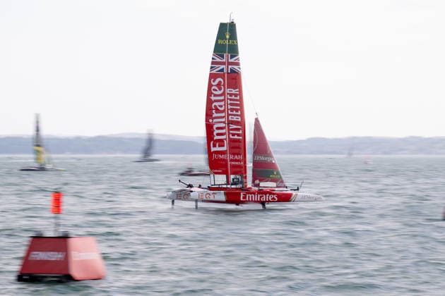 Emirates Great Britain driven by Olympic gold medallist, and America s Cup Helm, Dylan Fletcher. during the Emirates GB SailGP at The Solent, Portsmouth, UK on 25 July 2026. Copyright: xPhilxHutchinsonx 45300035