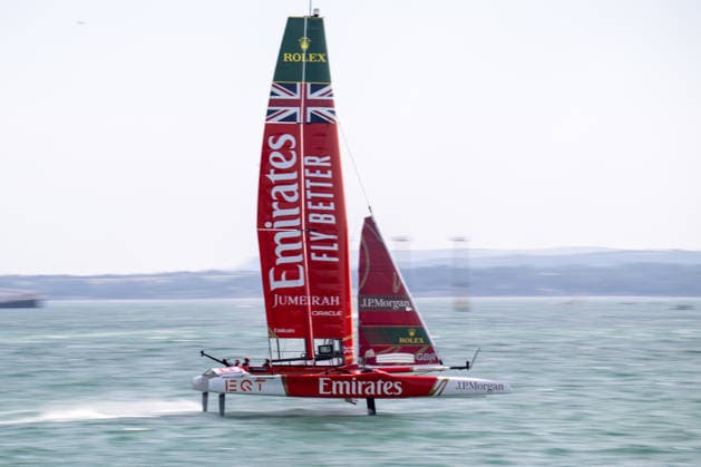 Emirates Great Britain driven by Olympic gold medallist, and America s Cup Helm, Dylan Fletcher. during the Emirates GB SailGP at The Solent, Portsmouth, UK on 25 July 2026. Copyright: xPhilxHutchinsonx 45300053