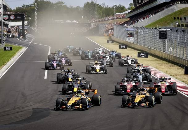 BUDAPEST - Lando Norris (McLaren), Max Verstappen (Red Bull Racing), Charles Leclerc (Ferrari), Oscar Piastri (McLaren), and Lewis Hamilton (Ferrari) at the start of the race at the Hungaroring for the Hungarian Grand Prix. SANDER KONING ANP xVIxANPxSportx xxANPxIVx 564334986 originalFilename: 564334986.jpg