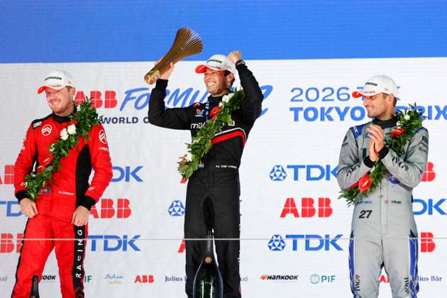 July 26, 2026, Tokyo, Japan: Nyck De Vries (C) driver of the Mahindra Racing team wins the race (round 15) of the Formula E Tokyo E-Prix of the 2025Ã¢â‚¬2026 ABB FIA Formula E World Championship, WM, Weltmeisterschaft at Tokyo Big Sight convention center in Tokyo. Driver Nick Cassidy of the Citroen Racing team finishes in second place, with Jake Dennis of the Andretti Formula E team taking third place. Formula E 2026: Tokyo E-Prix  - ZUMAm191 20260726_aap_m191_039 Copyright: xRodrigoxReyesxMarinx
