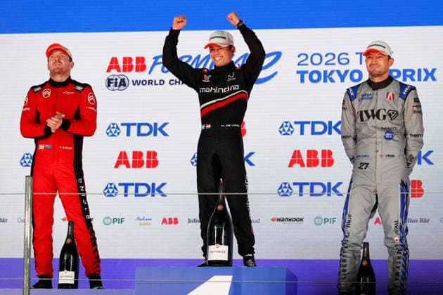July 26, 2026, Tokyo, Japan: Nyck De Vries (C) driver of the Mahindra Racing team wins the race (round 15) of the Formula E Tokyo E-Prix of the 2025Ã¢â‚¬2026 ABB FIA Formula E World Championship, WM, Weltmeisterschaft at Tokyo Big Sight convention center in Tokyo. Driver Nick Cassidy of the Citroen Racing team finishes in second place, with Jake Dennis of the Andretti Formula E team taking third place. Formula E 2026: Tokyo E-Prix  - ZUMAm191 20260726_aap_m191_040 Copyright: xRodrigoxReyesxMarinx