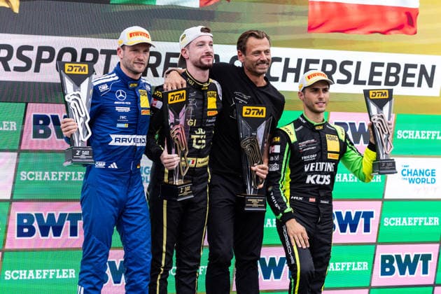 GER, DTM, 9. & 10. Lauf, Motorsport Arena Oschersleben 26.07.2026, Motorsport Arena, Oschersleben, GER, DTM, 9. & 10. Lauf, Motorsport Arena Oschersleben Podium: Sieger Mirko Bortolotti, TGI Team by GRT, 2. Platz Maro Engel, Mercedes-AMG Team Winwward, 3. Platz Thomas Preining, Manthey, Gottfried Grasser, Teamchef Grasser Racing Team Â Foto: Alexander Trienitz Oschersleben Motorsport Arena Sachsen-Anhalt Deutschland *** GER, DTM, Round 9 of 10, Motorsport Arena Oschersleben, July 26, 2026, Motorsport Arena, Oschersleben, GER, DTM, Round 9 of 10, Motorsport Arena Oschersleben Podium: Winner Mirko Bortolotti, TGI Team by GRT; 2nd place Maro Engel, Mercedes AMG Team Winward; 3rd place Thomas Preining, Manthey, Gottfried Grasser, Team Principal, Grasser Racing Team. Photo by Alexander Trienitz, Oschersleben Motorsport Arena, Saxony-Anhalt, Germany