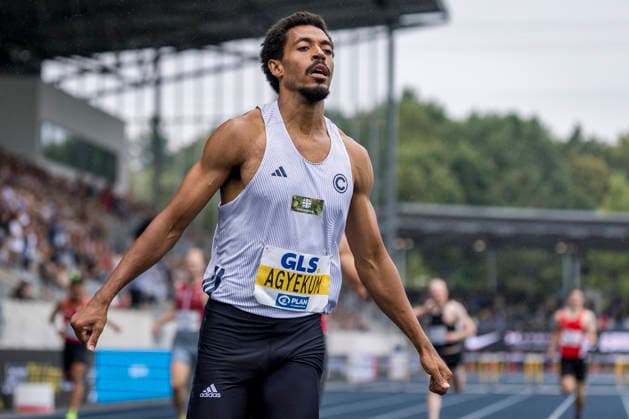 Deutsche Leichtathletik-Meisterschaften; Bochum-Wattenscheid, 26.07.2026 Zieleinlauf: Emil Agyekum (SCC Berlin), 400m-Hürden-Finale; Deutsche Leichtathletik-Meisterschaften am 26.07.2026 im Lorheide-Stadion, Bochum-Wattenscheid (Nordrhein-Westfalen). *** German Track and Field Championships, Bochum Wattenscheid, July 26, 2026. Emil Agyekum (SCC Berlin) crosses the finish line in the 400-meter hurdles final at the German Track and Field Championships on July 26, 2026, at Lorheide Stadium, Bochum-Wattenscheid, North Rhine-Westphalia Copyright: xBEAUTIFULxSPORTS AxelxKohringx
